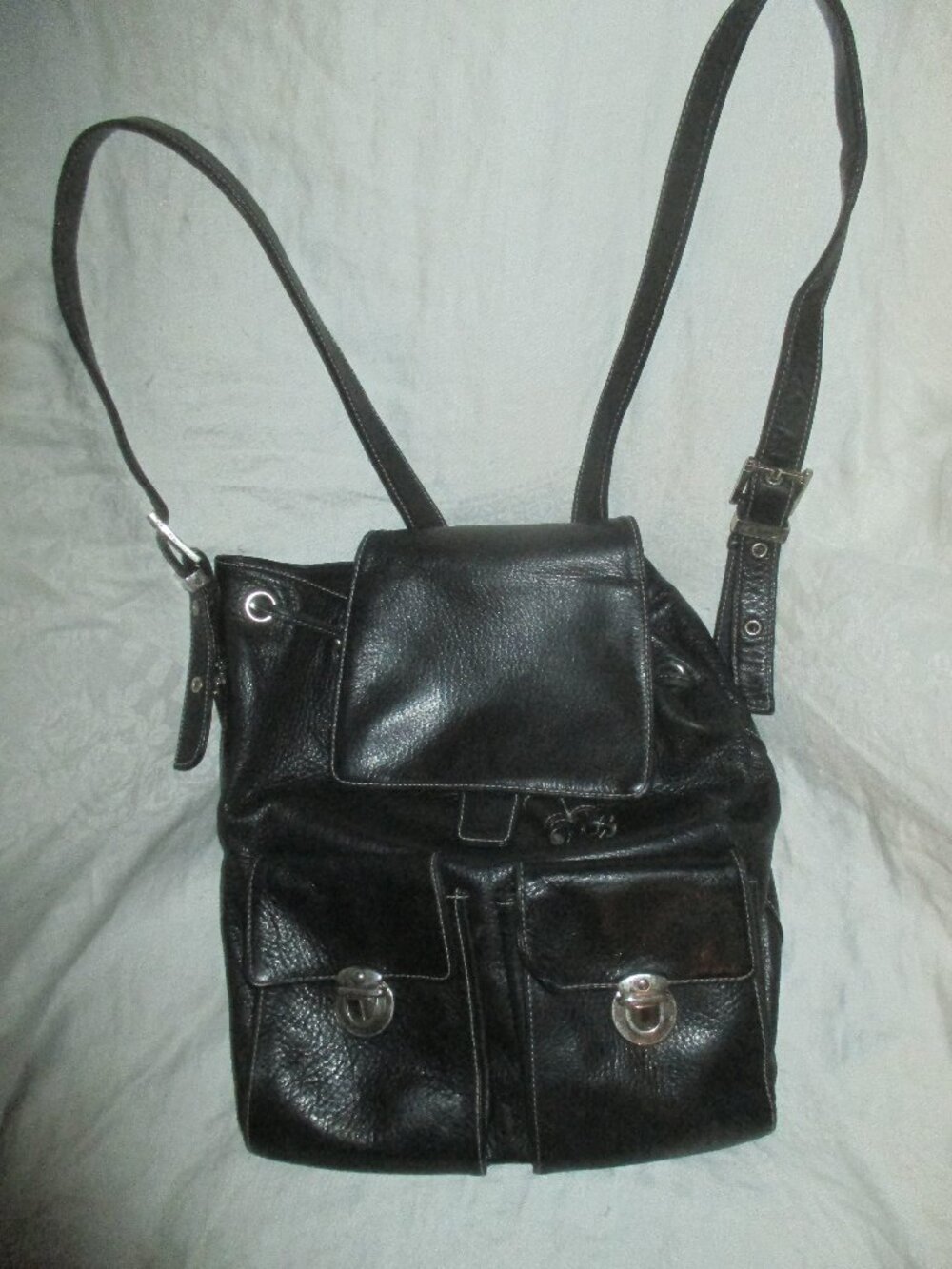 Perlina New York Black Leather Backpack Drawstring Flap Contrast Stitch Vintage